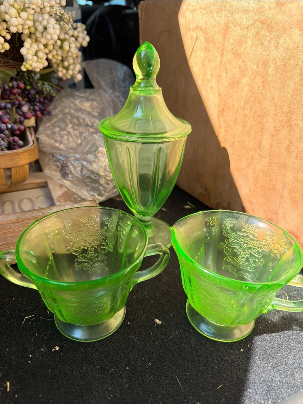 Mercury Green Glass Candy Jar and Matching Cream/sugar - Elegant Tableware
